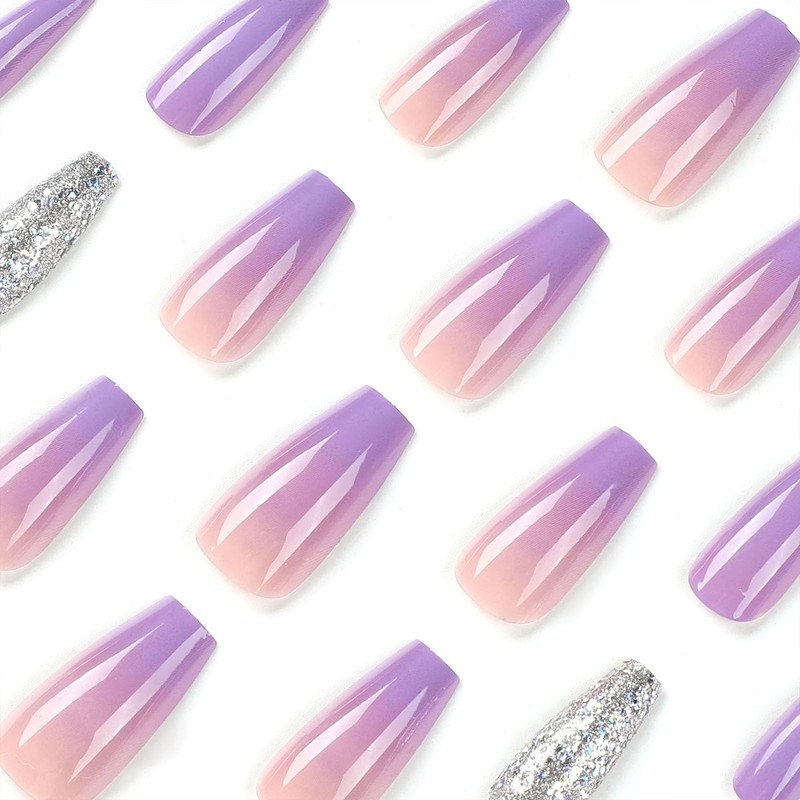 Short Press On Coffin False Nails with Glitter Sequins Designs