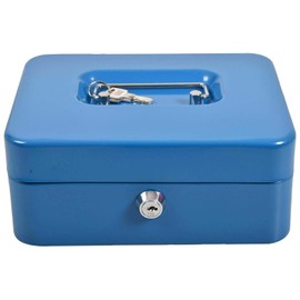 HOCHSTE Cash Box Petty Money Safe Deposit Steel Tin Security Organiser 2 Keys Lockable Blue 8 Inch