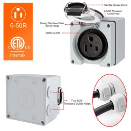 Suplevel 50 Amp Power Outlet Box, NEMA 6-50R 250 Volt EV Welder Receptacle Heavy Duty, Outdoor Weatherproof, with Waterproof Cable Glands 3 Pcs, for Welding Machine, EV Charger etc