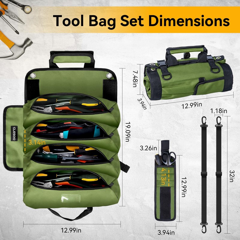 CLESOO Roll Up Tool Bag Organizer 10 Pockets Tool Roll