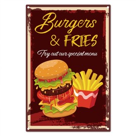 CREATCABIN Burgers & Fries Sign Metal Tin Signs Vintage Retro for Plaque Poster Bar Pub Garage Fast Food Cafe Home Wall Decor 8 x 12 Inch