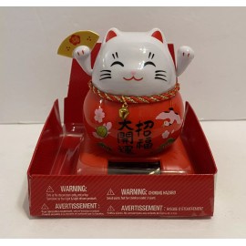 Cal Mart Gifts Solar Powered  Maneki Neko Welcoming Lucky Fortune Cat -Red