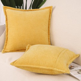 Madizz Fringe Chenille Cushion Covers Set of 2 Super Soft Boho Throw Pillow Covers Decorative Plain Throw Pillowcases Modern Home Decor for Sofa Bedroom Yellow 18x18 inch, 45x45 cm