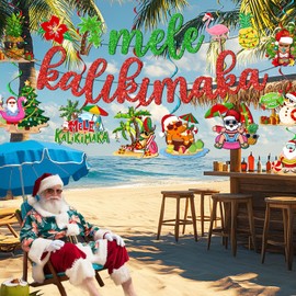 Hawaiian Christmas Decorations,Tropical Christmas Decorations Includes Mele Kalikimaka Banner and Kalikimaka Party Decorations Hanging Swirls,Mele Kalikimaka Decor for Christmas Luau Indoor Outdoor