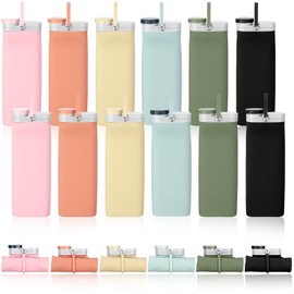 Tanlade 12 Pcs Collapsible Water Bottles Roll Up Portable Silicone Water Bottle Folding Lightweight Leak Proof Foldable Water Bottles Container for Travel Hiking Sports Running Fitness, 20 OZ, 6 Color