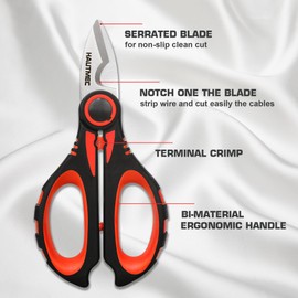 HAUTMEC Electrician Scissors, 6-1/4" Professional Electrician Shears with Stainless Serrated Blade, Cable Shears With Crimp, Notch Blade With Sheath, Comfortable Reinforced Fiberglass Handle,HT0416