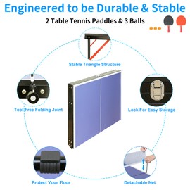 SculPong 6FT Ping Pong Table Foldable Table Tennis Table for Indoor Outdoor with Net, Table Tennis Paddles and Balls, Multi-Use Family Game Table for Kid Teenager Adult, Compact & Portable