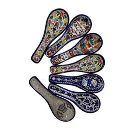 Bethlehem Gifts TM 10" Armenian Ceramic Hand-Painted Cooking Spoon Rest Ladle Holder (Blue Flowers)