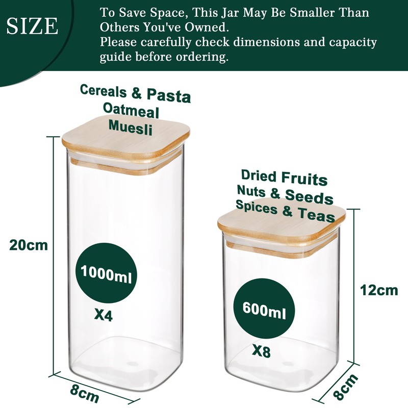 LIBWYS 12-Pack Square Glass Storage Jars with Bamboo Lids (0.6Qt/1.06Qt)