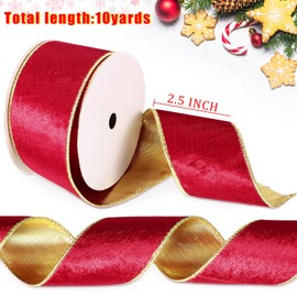 Christmas Red Velvet Ribbon Iron Wired 2.5 Inch 10 Yard Gold Ribbon Soft Red Velvet Ribbon Fabric Gold Ribbon for Crafts Red Holiday Ribbon with Metallic Gold Backing for Weddings Parities Decoration