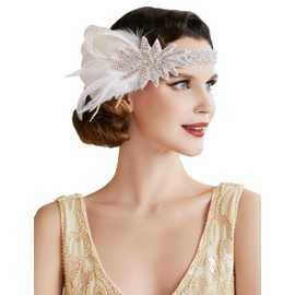 BABEYOND Women's 1920s Feather Headband 20s Style Flapper Charleston Hair Band Great Gatsby Women's Fancy Dress Costume Accessories Feather with Satin Ribbon White