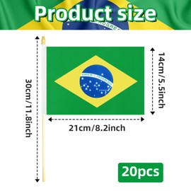 Pack of 20, Handheld Brazil Flags 5x8 Inch - Mini Brazilian Flags on Wooden Sticks with Gold Spear Tops, Small Brazilian Country Flag for National Day, Parades, and Patriotic Decorations