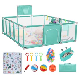Baby playpen, 79"x71"Baby Playpen with Mat Indoor＆Outdoor Playpen for Babies and Toddlers with Breathable Play Pen with Ocean Balls Hanging Pocket Basketball Hoop (Green)