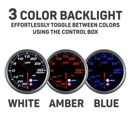 RACETECH 3.15 Inch 80mm Electrical Boost Gauge 30 PSI Smoked Lens White Amber Blue LED Warning Function Peak Mode Power Daisy Chian Adjustable Backlight Brightness External Warning Light for 12V Car