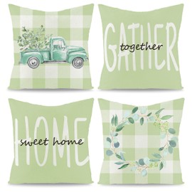 WATINC 4Pcs Spring Summer Pillow Covers Eucalyptus Leaves Garland Truck Cushion Cases Linen Cloth Sweet Home Together Gather Plaid Pillowcase Decoration Farmhouse for Sofa Home Car Couch 18 x 18 Inch