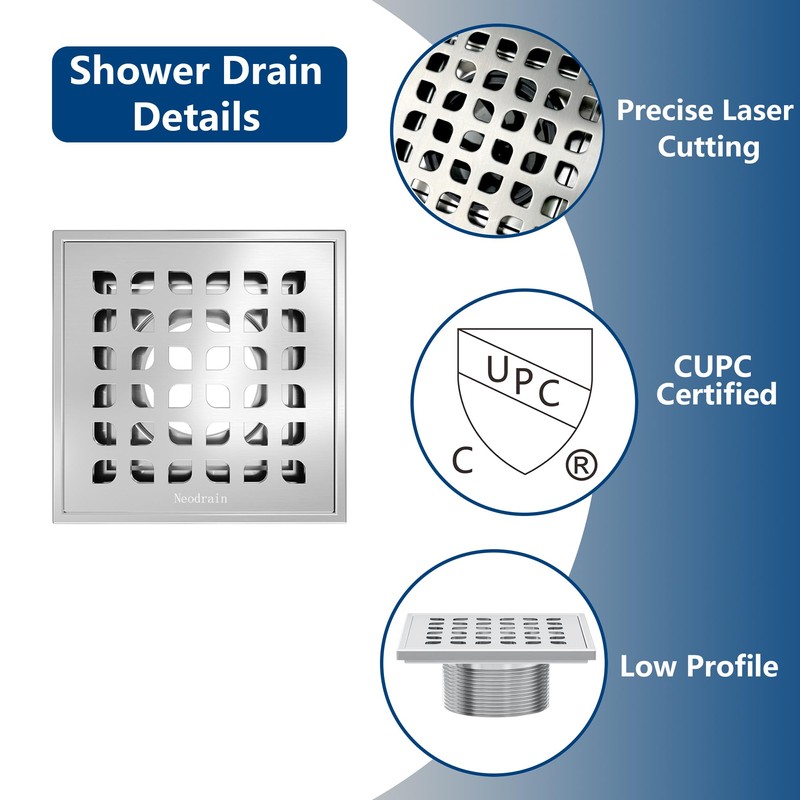 Neodrain 4 in Square Shower Drain Brushed 304 Stainless Steel,