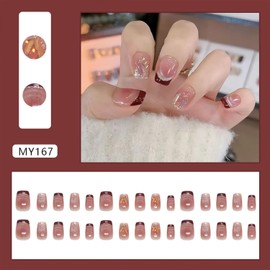 Tyuimhx Cat Eye Press on Nails Short Coffin Fake Nails With Rhinestones Designs Dark Red French Tip False Nails Blush Glue on Nails Full Cover Stick on Nails Acrylic Artificial Nails for Women 24 Pcs