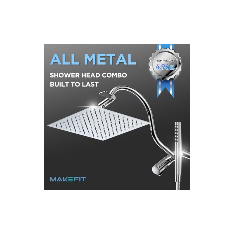 All Metal Dual Shower Heads Combo with Curved Extension Arm,