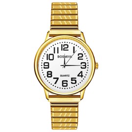 OIDEA Man's Easy Reader Watch: White Big Face Clear Number Analog Quartz Elastic Strap Wrist Watches for Man Waterproof Dress Wristwatch with Gold Expansion Band