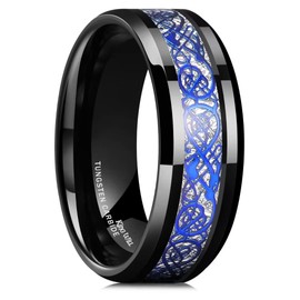 King Will DRAGON Mens Black Tungsten Carbide Ring 8mm Blue Celtic Dragon Wedding Band Beveled Polished Edge Comfort Fit High Polished 7.5