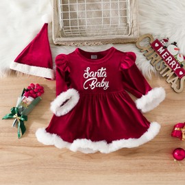 Loalirando Infant Girl Christmas Santa Costume Outfit Contrast Color Long Sleeve Round Neck A-Line Dress Romper + Hat (Red, 6-12 Months)