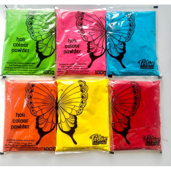6 X100gms Holi Coloured Powder for Colour Run, Gender Reveal