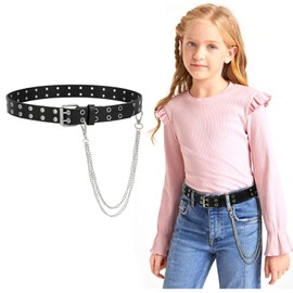 JASGOOD Kids Double Grommet Belt, PU Leather Punk Rock Belt for Boys Girls Jeans Pants with Detachable Chain, Black with Chain,Suit for Pants Size Below 30”