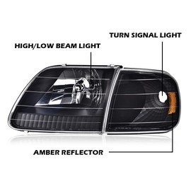 CHEDA Headlights Compatible with 97-03 Ford F150 /97-02 Ford Expedition Chrome Housing Headlights W/Clear Corner（Clear lens Black Housing Amber Reflector） Headlamp Assembly Faros Conjunto De Faros