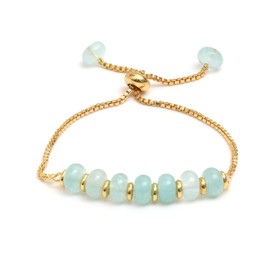 Gempires Aqua Chalcedony Bolo Bracelet, Crystal Beads Bracelet, 14k Yellow Gold Plated, Adjustable Bracelets For Women