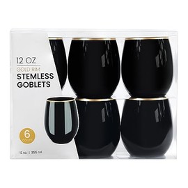 PLASTICPRO 12 Pack Black With Gold Rim Plastic Wine Glasses Stemless Disposable 12 oz BPA Free Shatterproof Plastic Wine Cups Wine Glasses for Parties