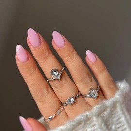 KQueenest Baby Pink Press on Nails Short Oval, Acrylic Fake Nails Press on Short Almond, Solid Color Glue on Nails for Women, Natural Fit Stick on Nail for Summer Daily Wear with UV Cover in 24 Pcs