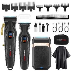 HIENA PRO Hair Clippers for Men Professional, Cordless Barber Clipper T-Blade Beard/Hair Trimmer Foil Shaver Full Barber Set, Electric Men's Hair Cutting Kit with LED Display and 8 Guide Combs