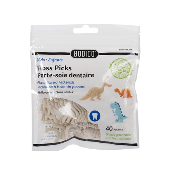 Bodico Unflavoured Biodegradable Eco-Friendly Dinosaur-Shaped Kids' Floss Picks, 40Pcs, Beige