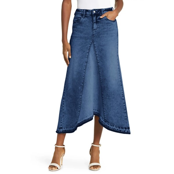 Fisoew Womens Denim Maxi Skirt Casual High Waist A-Line Frayed