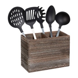 Relaxdays Kitchen Utensil Holder, 2 Compartments for Kitchen Utensils and Cutlery, HBT 17 x 24 x 12 cm, Wooden Cutlery Basket, Dark Brown
