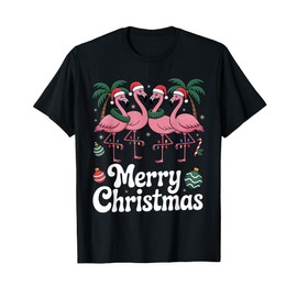 Merry Christmas Pink Flamingo Santa Hat Xmas Lights T-Shirt