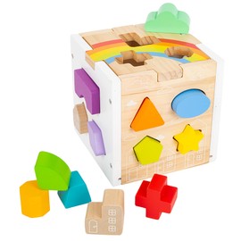 Wooden Rainbow Shape Sorter Cube – Sorting Toy with 13 Geometric Shapes & Removable Lid – Educational Game for Dexterity & Fine Motor Skills – Teaches Counting, Shapes and Colors – Ages 12+ Months