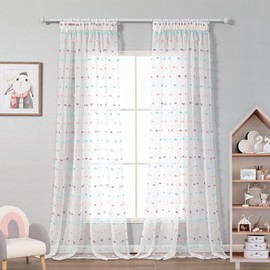 MYSKY HOME Curtains with Ruffle Tape, Voile Rainbow Curtains, Children's Room, Modern Curtain, Embroidery, Semi-Transparent Room Divider, Sliding Curtain, Living Room, Set of 2, Colourful, H 245 x W