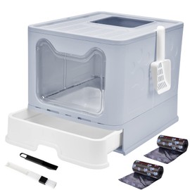 Cat Litter Box with Lid, Top Entry Cat Litter Box Pan, Enclosed Cat Potty, Anti-Splashing Cat Toilet, Foldable Litter Box Large Covered Cat Supplies with Scoop Brush and Garbage Bag