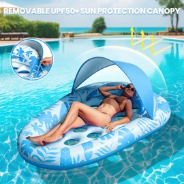 Inflatable Pool Floats Adult, 3-in-1 Pool Float Lounger with Canopy and Cup Holder, XL Floating Pool Floaty Raft for Swimming Pool Lake Beach, Tanning Pool Floaties Toys for Adults