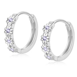 Sterling Silver Hoop Earrings for Women, Dainty Small Huggie Daisy Hoop Earrings | Hypoallergenic Purple Cubic Zirconia Flower Hoops Earring Jewellery Gift for Ladies Birthday Wedding, 12mm Hoop
