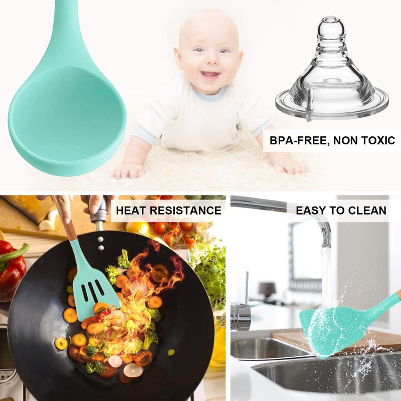 MIBOTE Silicone Cooking Kitchen Utensils Set with Holder, Wooden Handles
