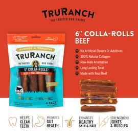 TRURANCH Collagen Rolls - 6" Collagen Rolls for Dogs - Long Lasting Healthy Joint Support Dog Treat - Rawhide Alternative - Skin & Coat Health - Made with Real Beef, 1 Bag, 4 Count