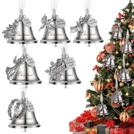 Jenaai 12 Set Christmas Bell Ornament Christmas Tree Hanging Ornament Best Wishes Bell Decorations with Ribbons Snowflake Angels Heart Deer Pendants(Silver)