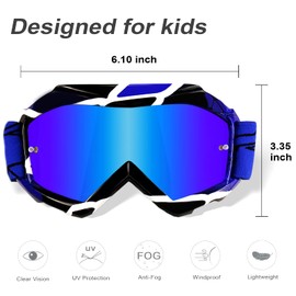 NENKI Youth&Kids Motocross Goggles Dirt Bike Goggles MX Kids UTV ATV Goggles Anti Fog Motorcycle Off Road Goggles 100% UV Protection Blue Tinted Lenses
