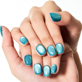 GLAMERMAID Press on Nails Extra Short Squoval, Lake Blue Cat Eyes Spring Summer Handmade Gel Glue on Nail, 24Pcs Glossy Round Reusable UV Finish Fake Nails Acrylic False Nails Manicure Kits for Women