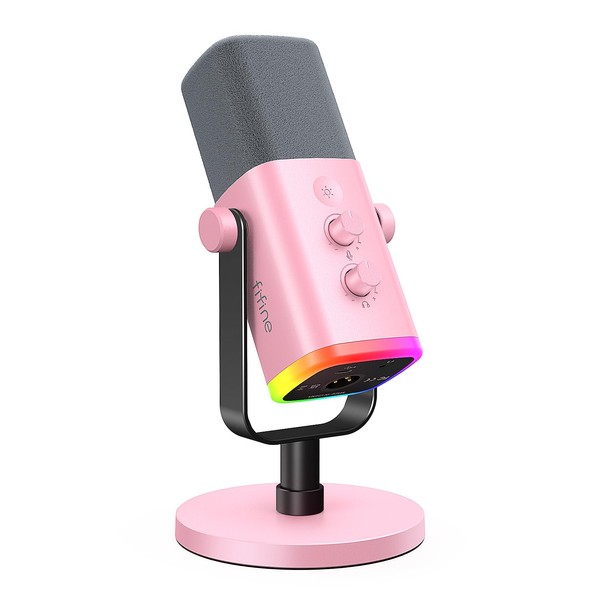 FIFINE XLR/USB Microphone, Gaming Recording PC Mic with Headphones Jack, Mute Button, Dynamic RGB Mic for Computer/PS4/PS5, Streaming Mic for Podcasting Voice-Over YouTube Video-AmpliGame AM8 Pink