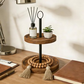 Tiered Tray Stand, Rustic 2 Tier Round Serving Tray, 1-Pack