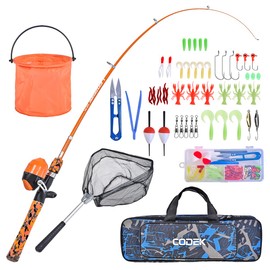 CODEK Kids Fishing Pole Set with Full Starter Kits 1 Set Portable Telescopic Fishing Rod and Spincast Reel Cambos with a Fishing Net and 1 Buckets for Boys Girls and Youth (Orange)