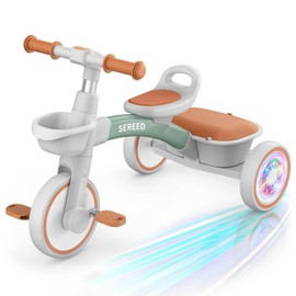 SEREED Colorful Lighting Toddler Tricycle for 2-5 Years Old Boys Girls, Adjustable Seat&Handlebar Trike, Removable Basket, Birthday Gift Idea for Kids Ages 2+ (Green)